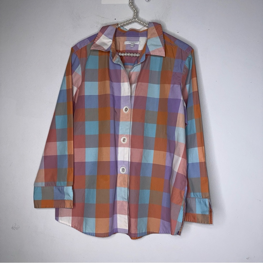 foxcroft Spring Colored Buffalo Plaid 3/4 Sleeve Collar Button Down 14